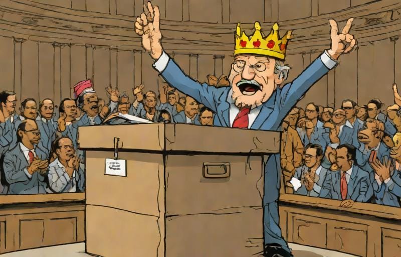 Triumphant king makes victory sign after winning election as sole voter.