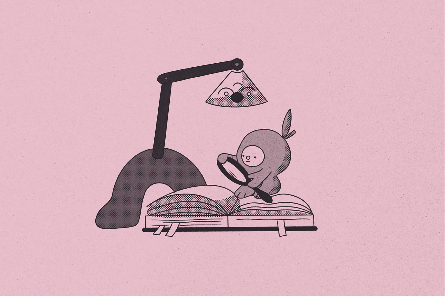 A cute little creature with a hood reading a huge, oversized book with a magnifying glass. A lamp with a face behind him lights the pages. It's a black and gray drawing on a pink background.
