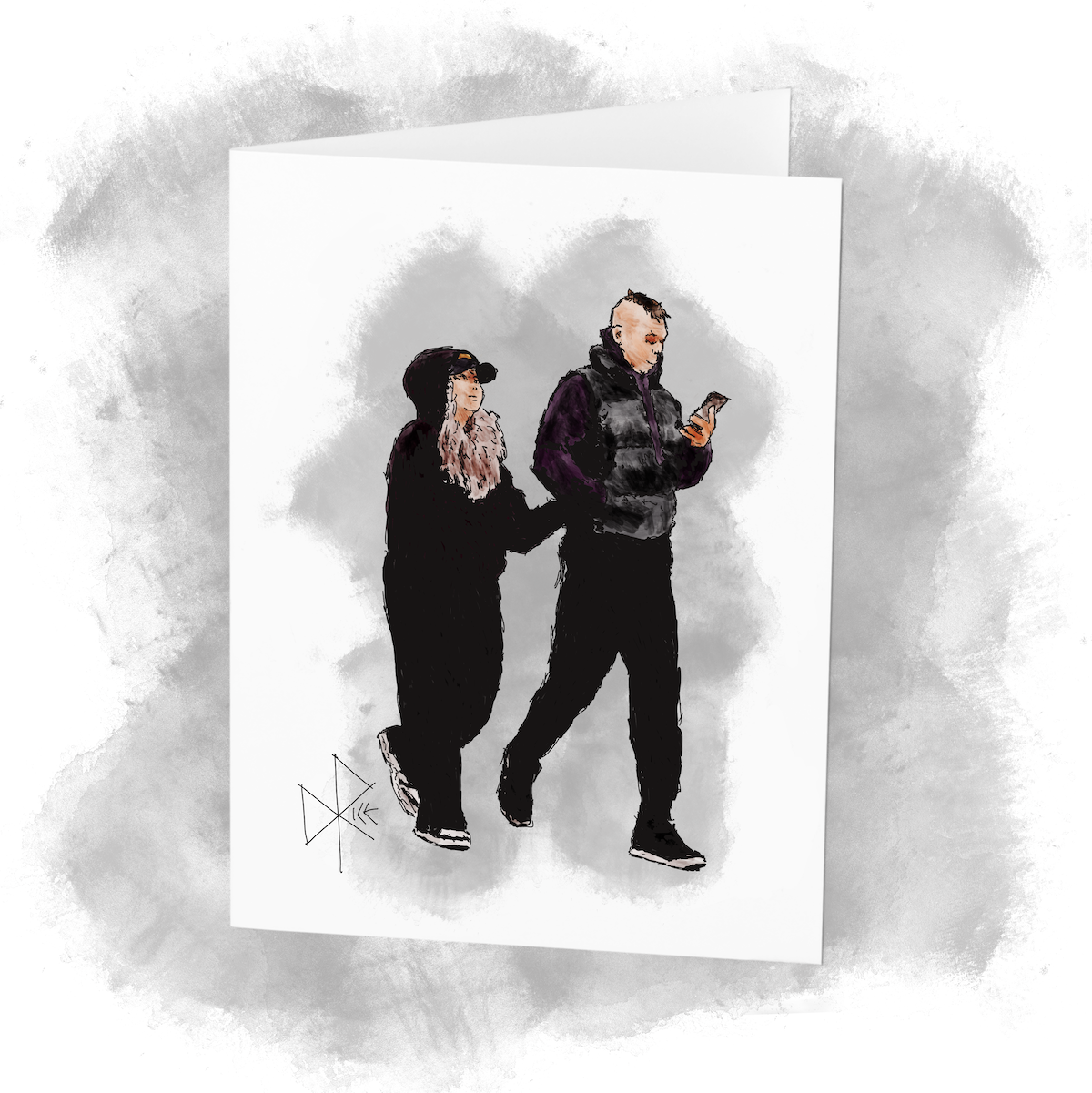 Both being fans of dark desaturated tones, a comfortably dressed and delightfully opaque young couple walk arm-in-arm. Sketch art by Don Rice.