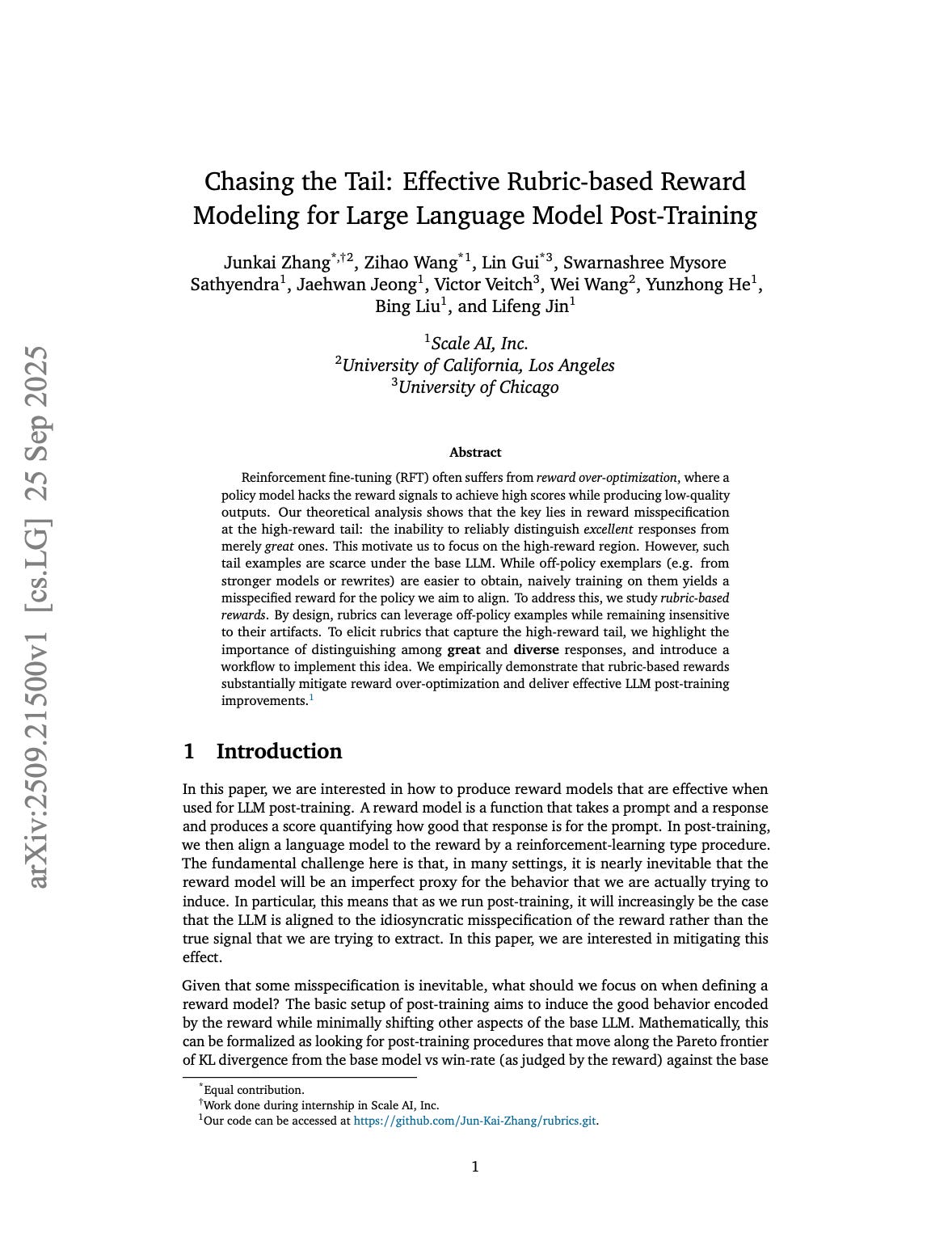 Chasing the Tail: Effective Rubric-based Reward Modeling for Large Language Model Post-Training