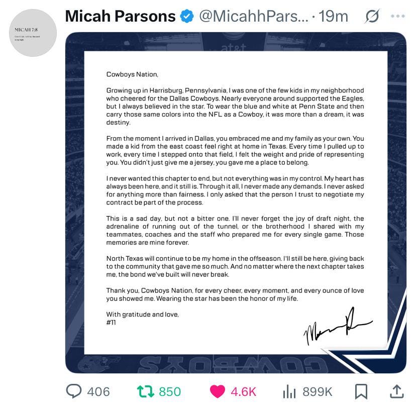 r/NFLv2 - Parsons’s letter to cowboys fans after the trade.