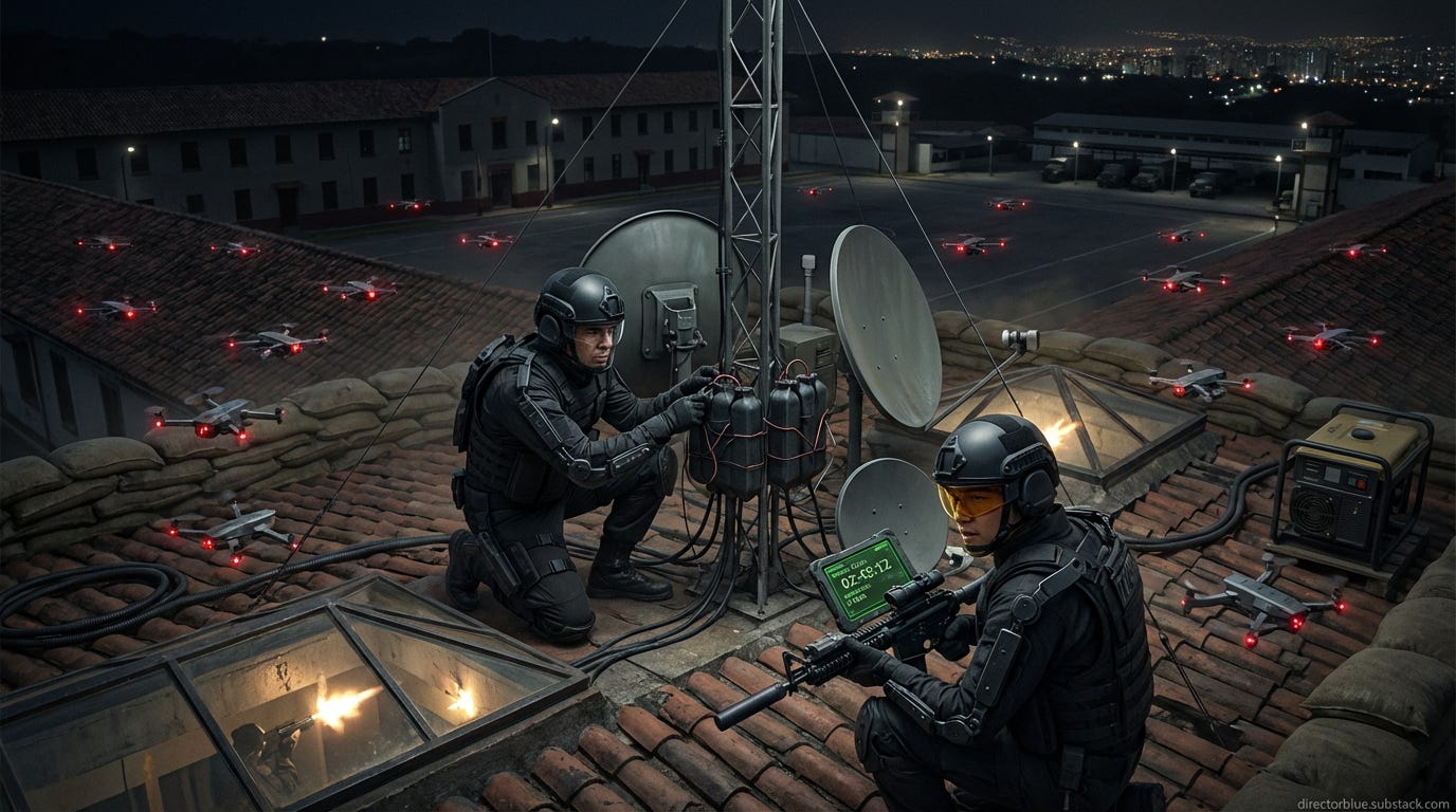 Cinematic 16x9 photographic composition rooftop of fortified safe house within Fuerte Tiuna military complex at night during raid communications sabotage in progress Two US operators on rooftopSpecialist Torres Hispanic male visible through _image_1
