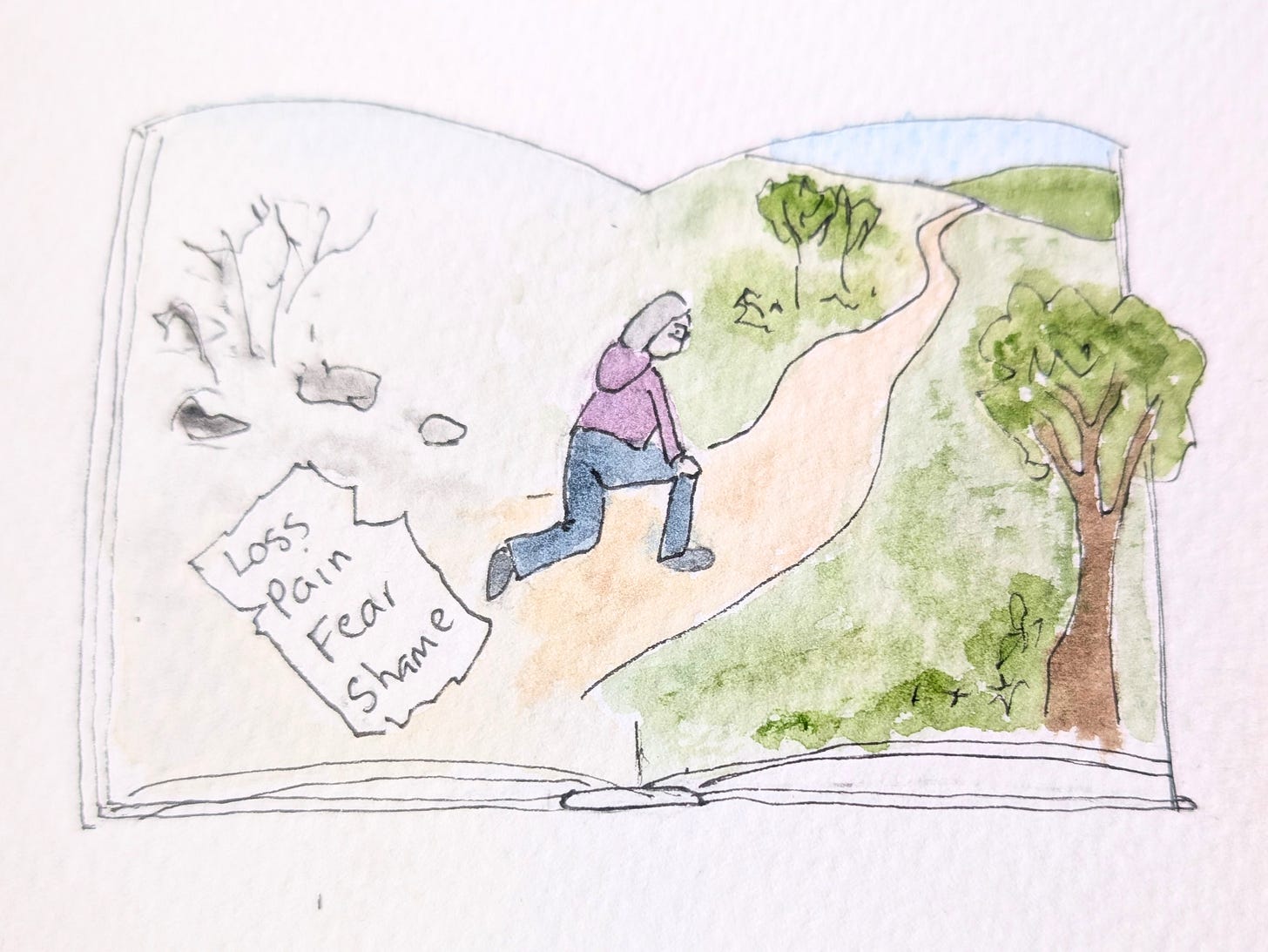 Watercolour and ink illustration of an open book. On the left page are barren trees and torn paper labelled "Loss", "Pain", "Fear", and "Shame". On the right page, a woman climbs from the damaged pages onto a winding path leading through a green landscape towards distant hills, symbolising healing, growth, and the next chapter of her story.