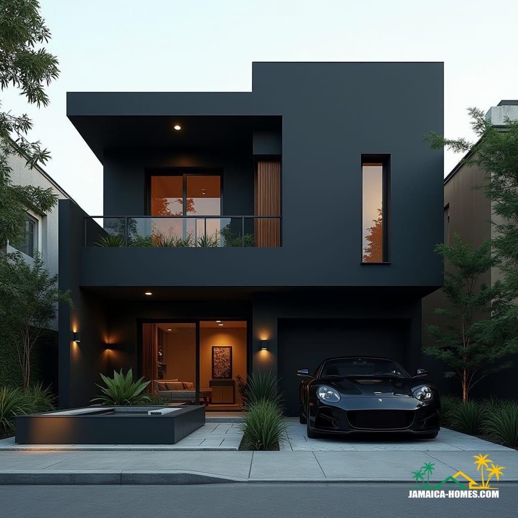 Modern Jamaican townhouse in Kingston, matte black, bold geometric forms, recessed windows, flat roof, protruding entrances, rooftop lounge and spa, geometric landscaping, luxury black supercar, cinematic film still, 35mm film grain, vignette, color graded, cinematic lighting, futuristic urban elegance, inspired by Syd Mead, Antoni Gaudí, and Zaha Hadid's sleek architecture, dramatic contrasts, atmospheric.

