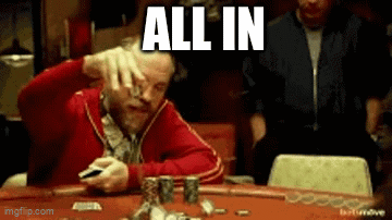 a man is sitting at a poker table with the words `` all in '' written on the screen . a man is sitting at a poker table with the words `` all in '' written on the screen .