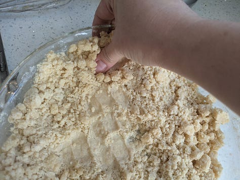 Ingredients for crust before mixing, on pressing in, and after baking.