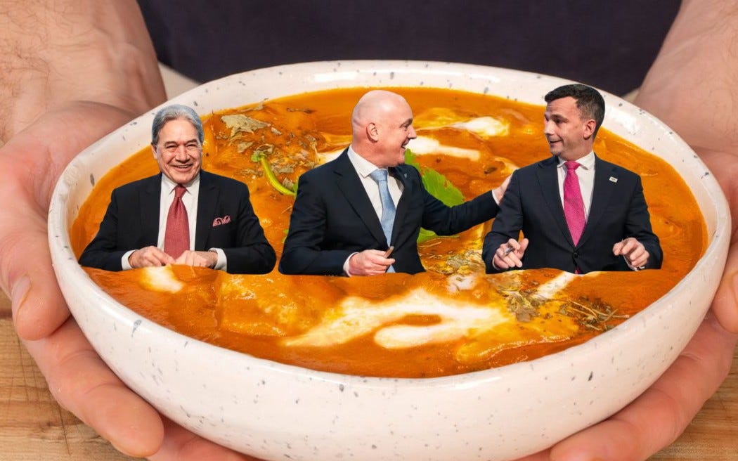 Peters, Luxon, and Seymour in a bowl of butter chicken.