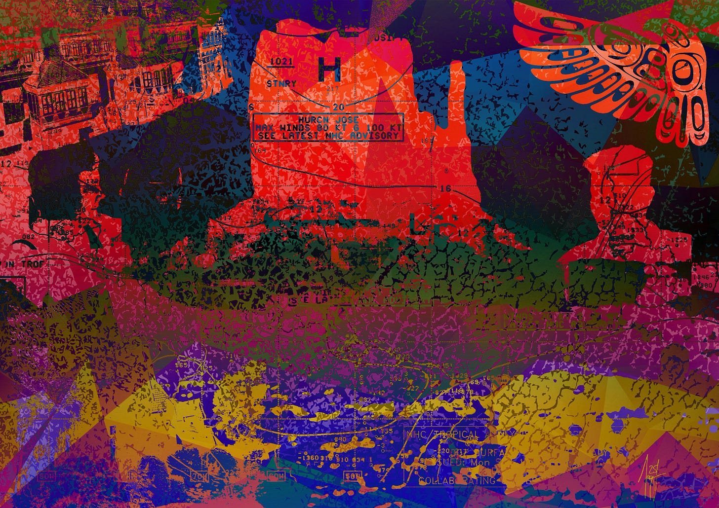 Textured, abstract-style collage dominated by red, purple, and dark green tones. The layout includes: the town hall (top left), Jay and their late partner (left center), Jay’s house (bottom left), Monument Valley with overlaid map symbols (center), Jay (middle right), the Thunderbird (top right), and a faint outline of the Buddha (bottom right). A dense cracked overlay pattern adds depth across the image.