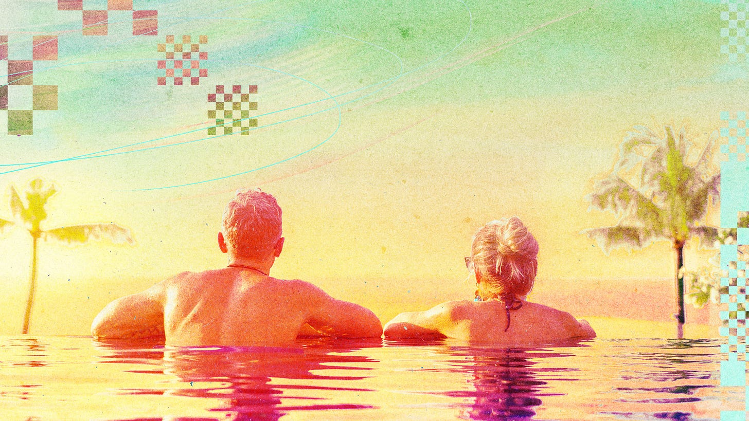 a man and woman submerged in a calm pool looking away into the distance of a tropical setting broken by pixel squares a man and woman submerged in a calm pool looking away into the distance of a tropical setting broken by pixel squares