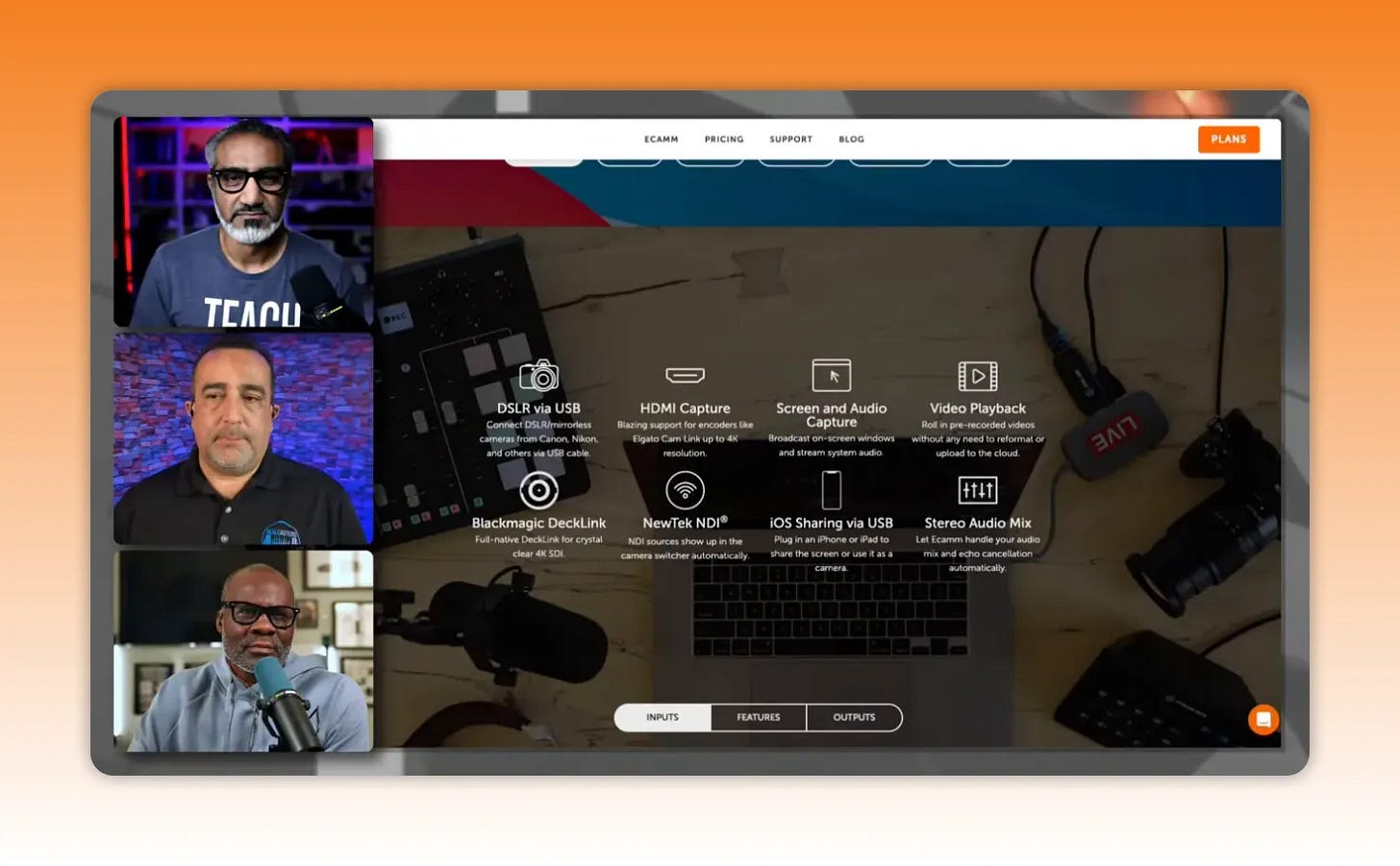 Ecamm Live eCam interface showing production sources including DSLR via USB, HDMI capture, and video playback