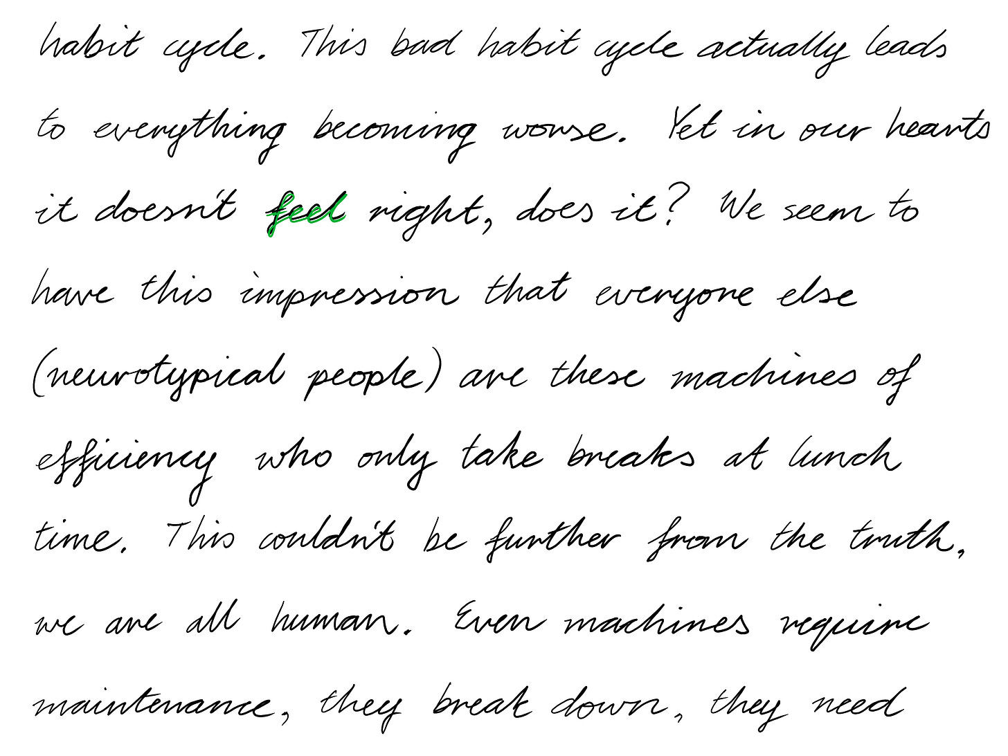 habit cycle. This bad habit cycle actually leads to everything becoming worse. Yet in our hearts it doesn't feel right, does it? We seem to have this impression that everyone else (neurotypical people) are these machines of efficiency who only take breaks at lunch time. This couldn't be further from the truth, we are all human. Even machines require maintenance, they break down, they need 