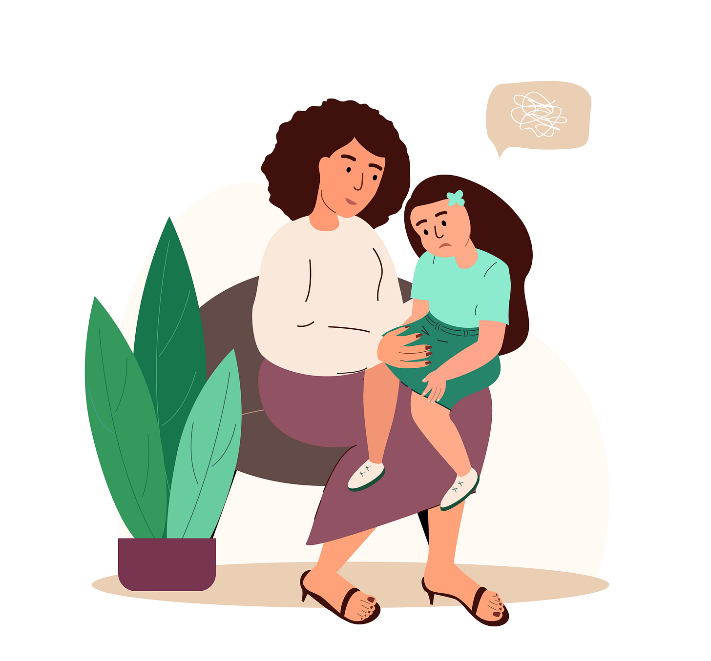 Illustration of an adult woman consoling a child on her lap.