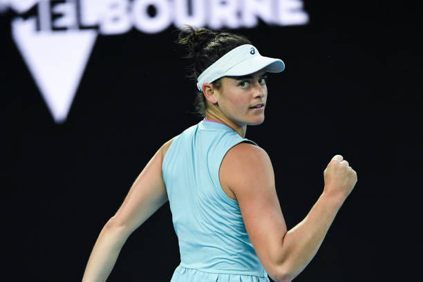 Jennifer Brady of the US reacts after a point against Japan's Naomi Osaka during their women's singles final match on day thirteen of the Australian...