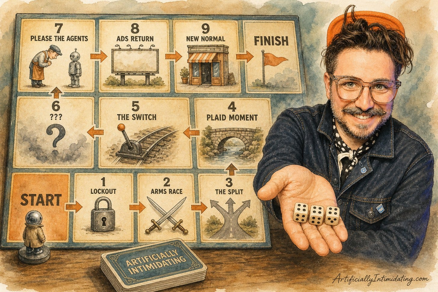 Watercolor of a vintage board game with nine labeled stage tiles in a zigzag from Start to Finish, from Lockout to New Normal, next to a smiling man in glasses holding out three dice that all show six. Watercolor of a vintage board game with nine labeled stage tiles in a zigzag from Start to Finish, from Lockout to New Normal, next to a smiling man in glasses holding out three dice that all show six.