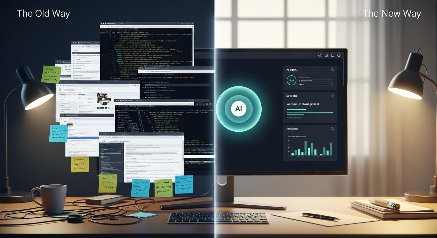 A split-screen comparison. On the left, a cluttered desk representing traditional development with multiple chaotic windows. On the right, a single, clean Anti-Gravity interface where an AI agent calmly manages the complexity. A split-screen comparison. On the left, a cluttered desk representing traditional development with multiple chaotic windows. On the right, a single, clean Anti-Gravity interface where an AI agent calmly manages the complexity.