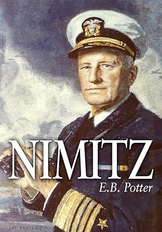 Book Cover. Image of Admiral Nimitz standing in service uniform with binoculars in his hand on an ominous clouding background
