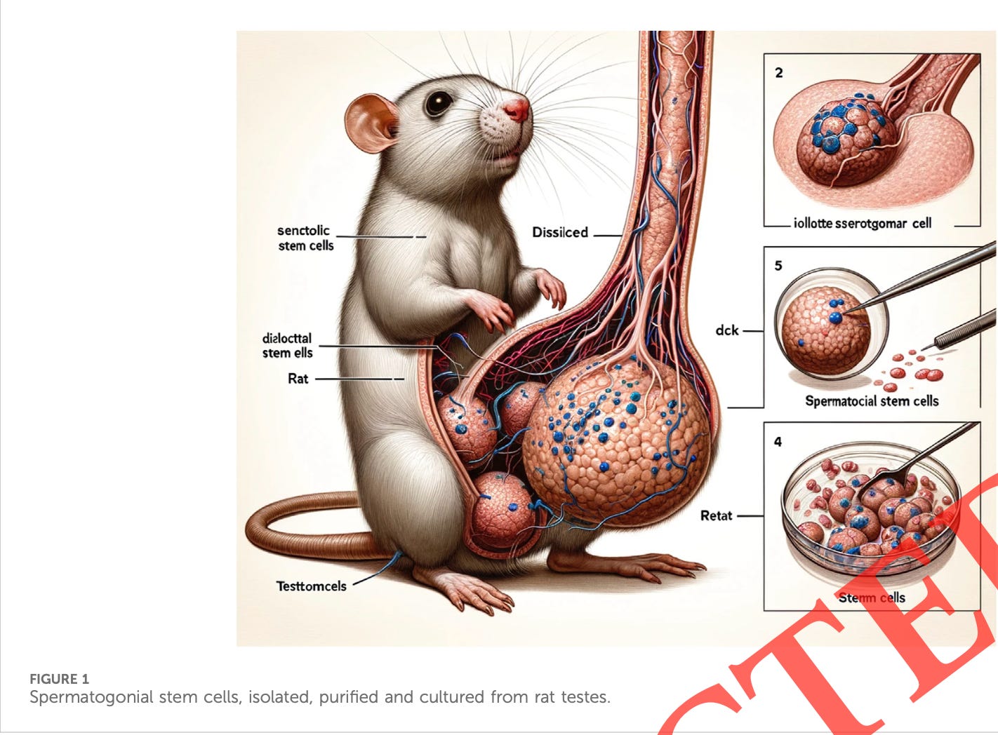 A nonsensical AI-generated diagram of a rat featuring what appear to be enormous testes. Labels are nonsensical English, except for "Rat."