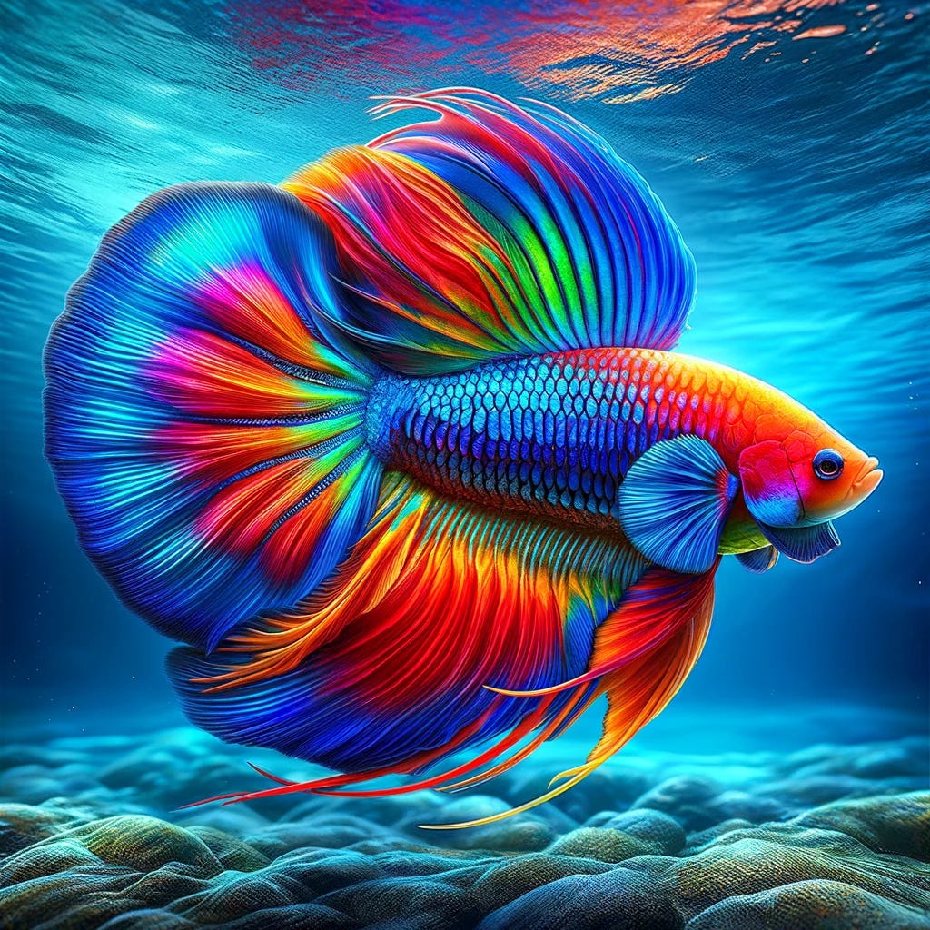 A vibrant and colorful fish swims gracefully in a crystal clear underwater environment, showcasing a stunning array of hues including blues, reds, yellows, and greens. Its scales shimmer in the light, reflecting the vivid colors and adding to the mesmerizing beauty of the scene. The fish's elegant movements and the serene aquatic backdrop create a peaceful and captivating image, highlighting the diversity and beauty of marine life.