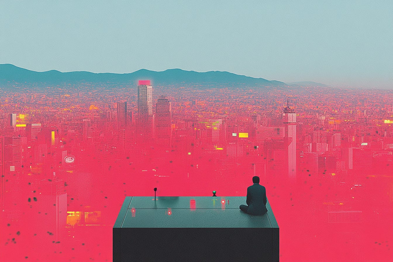 A person sitting on top of a building with skyscrapers in the background