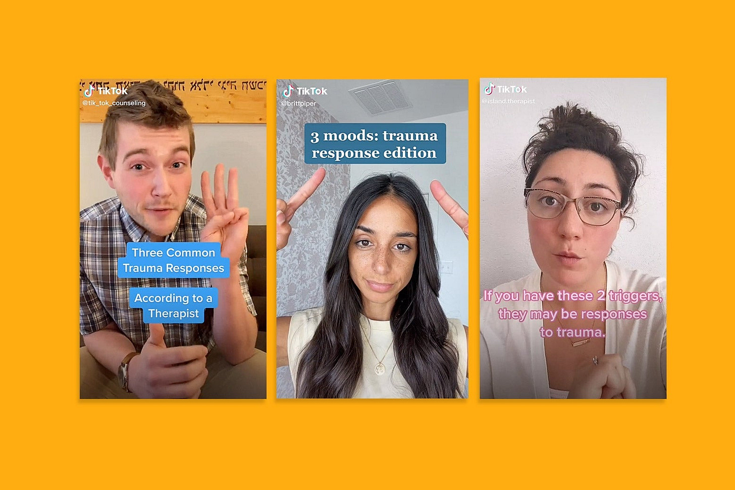 Three images from TikTok videos about trauma response.