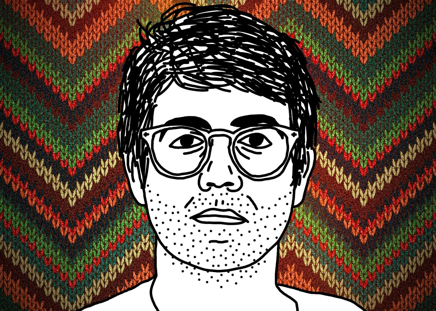 A black line drawing of Alex, the protagonist of "I Hear You Watching." He is white, short messy parted hair, glasses. He stares straight at you, unsmiling. He has a five-o’clock shadow and bags under his eyes. Behind him is a knit yarn pattern of earth tone zigzags.