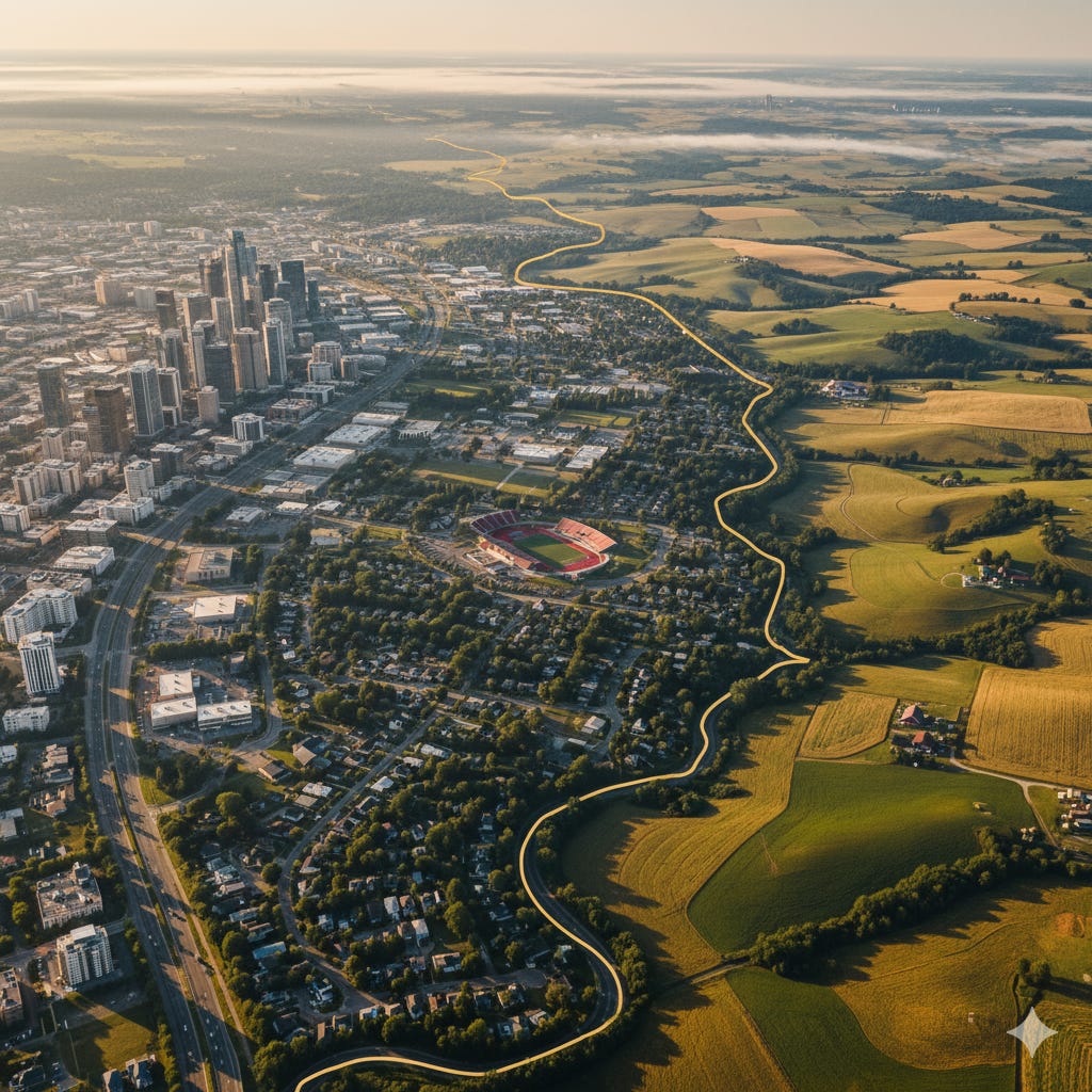Aerial panorama with three adjacent economic zones: a modern city center on the left, a mid-sized town in the middle, and open agricultural farmland on the right.