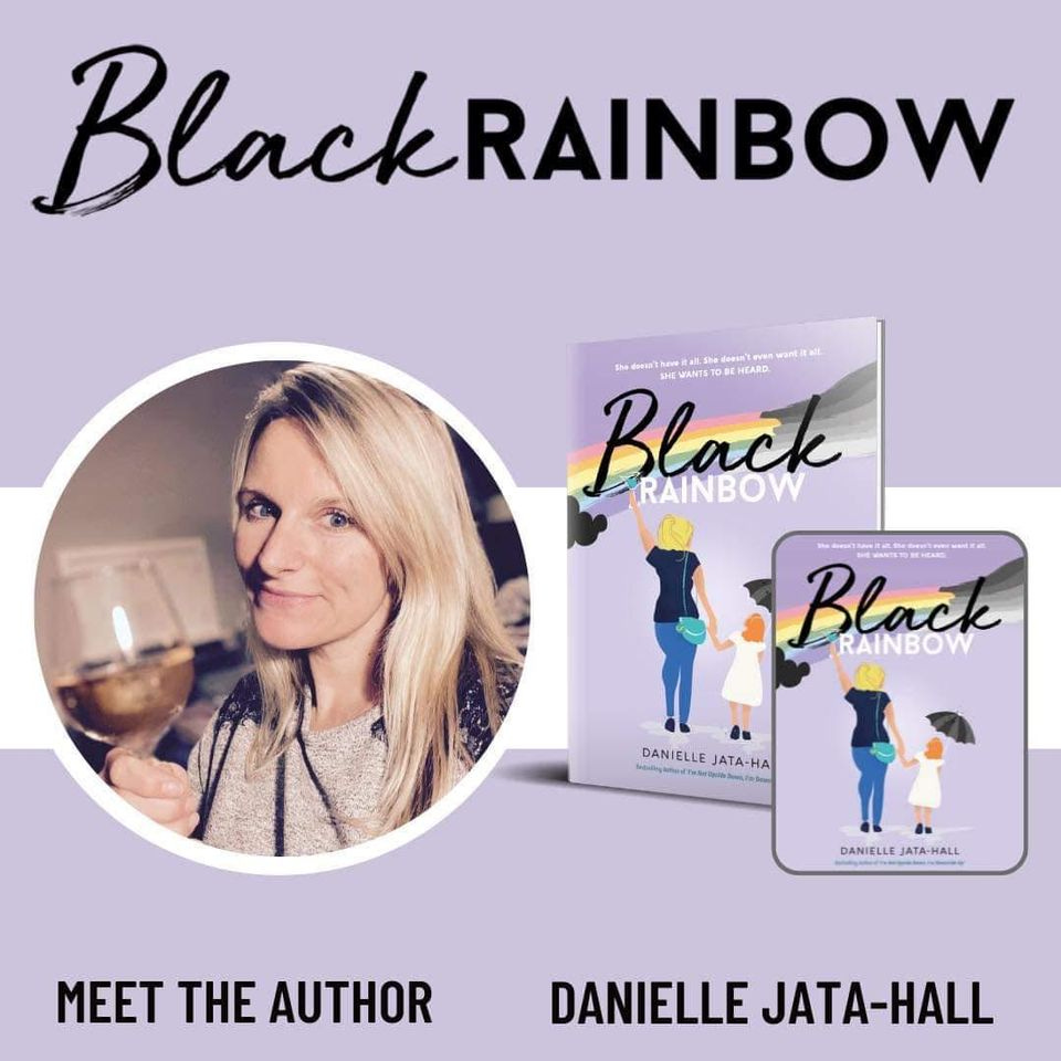 purple background with black text which reads black rainbow and picture of blonde haired woman holding wine glass