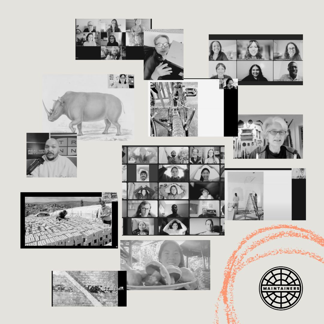 Compilation of recording stills from events on a light grey background. In the bottom right corner is The Maintainers' logo with salmon-colored crayon drawn around it. Compilation of recording stills from events on a light grey background. In the bottom right corner is The Maintainers' logo with salmon-colored crayon drawn around it.