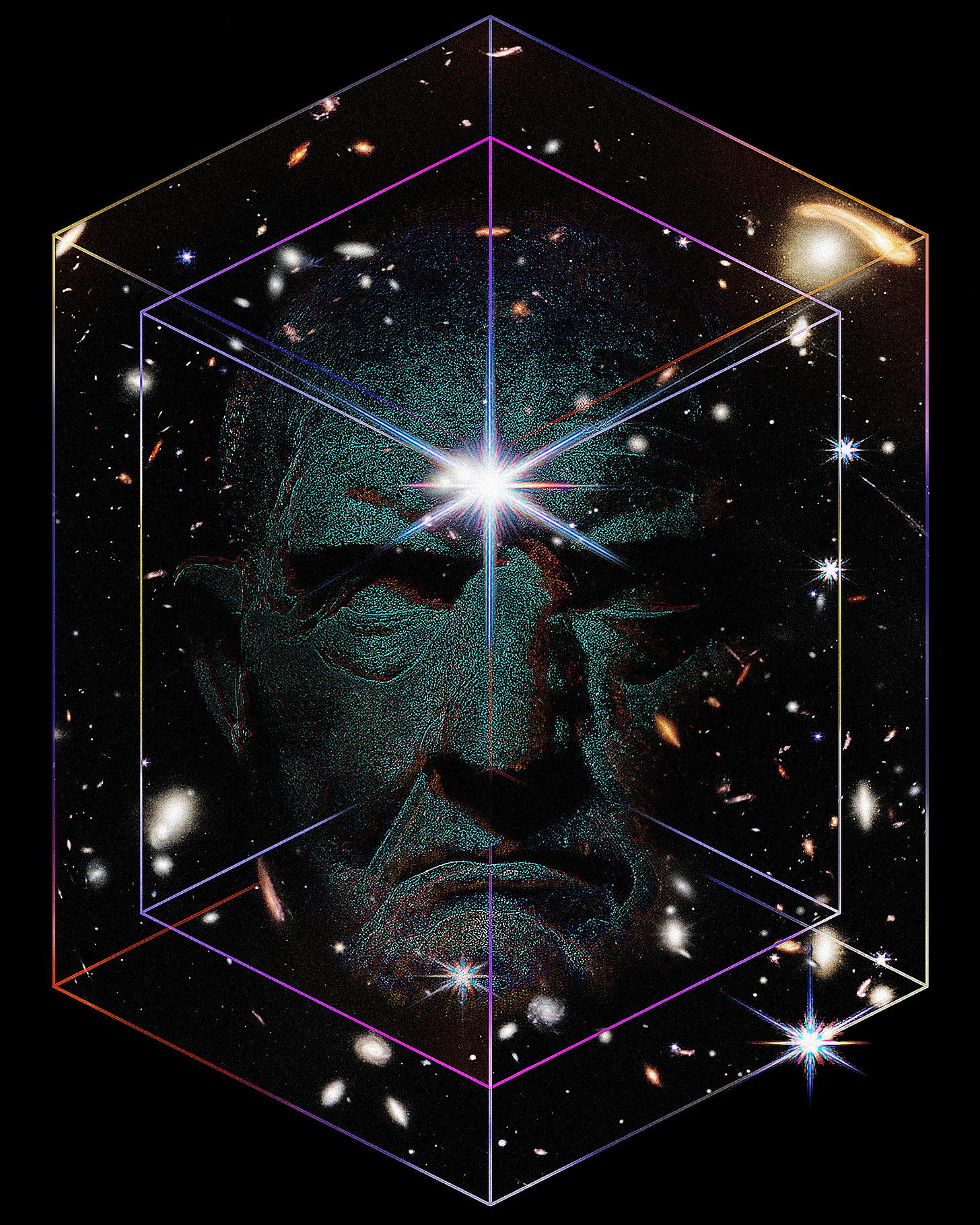 Illustration: A sculpture of a man's face suspended within transparent, layered rectangles, set against a cosmic background of brightly colored stars and galaxies on a dark background..