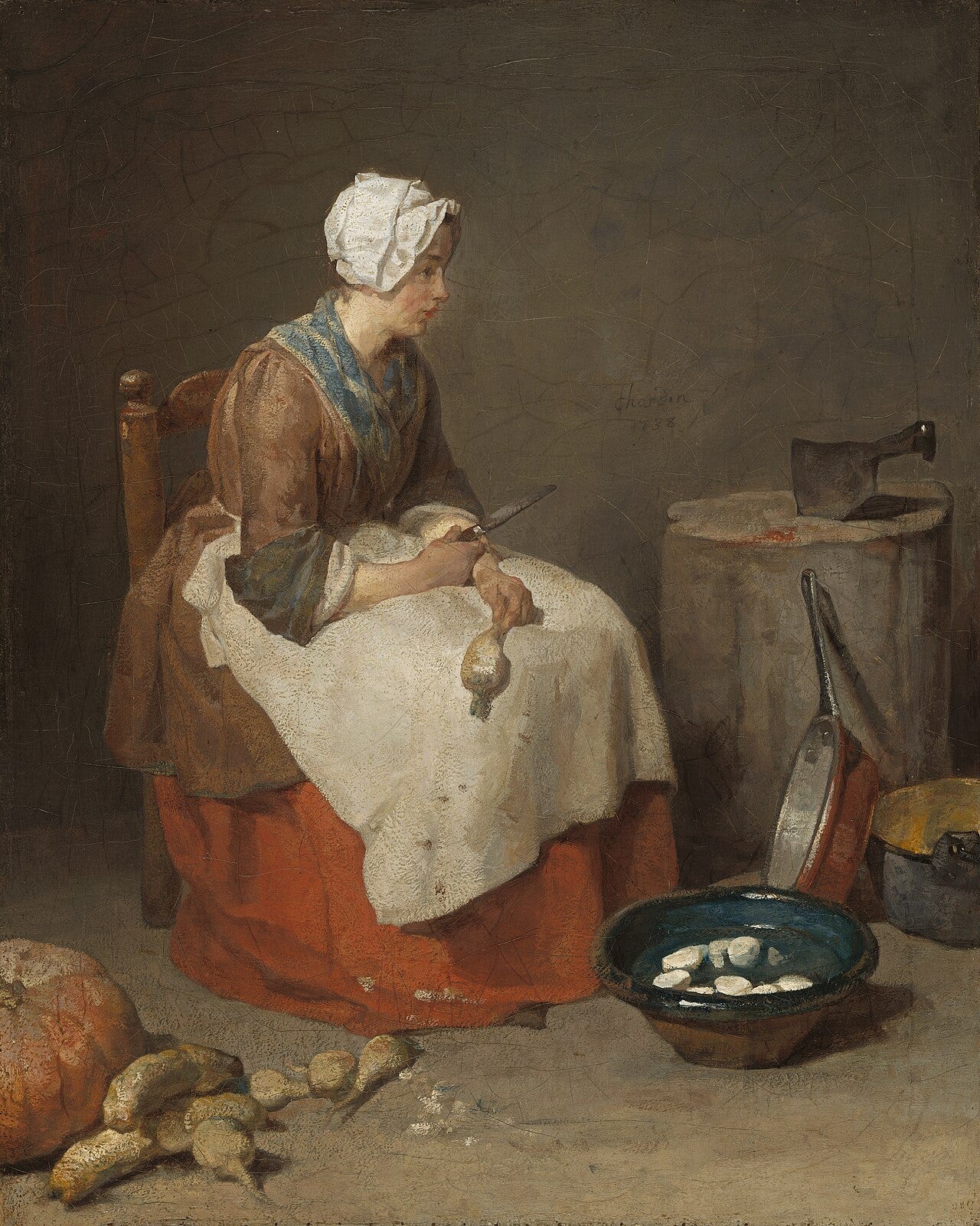 Servant pausing over turnip