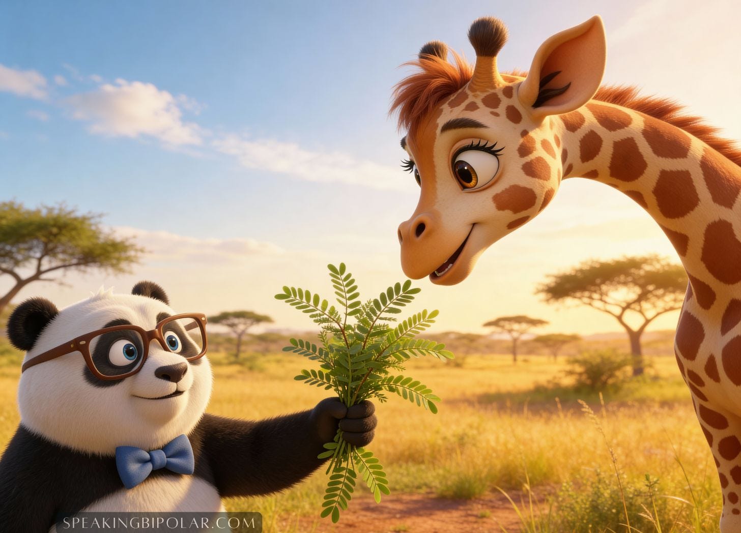 Illustration of smiling cartoon panda feeding leaves to a cartoon giraffe Illustration of smiling cartoon panda feeding leaves to a cartoon giraffe