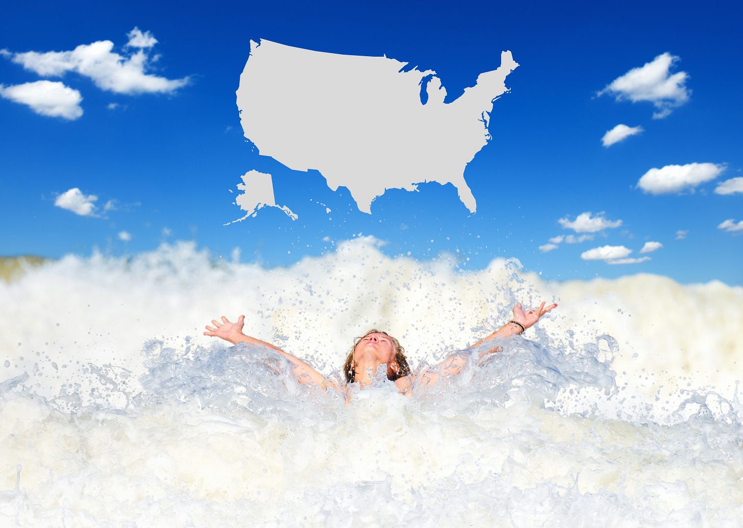 Person in a cloud looking up arms spread at a graphic of the United States above.