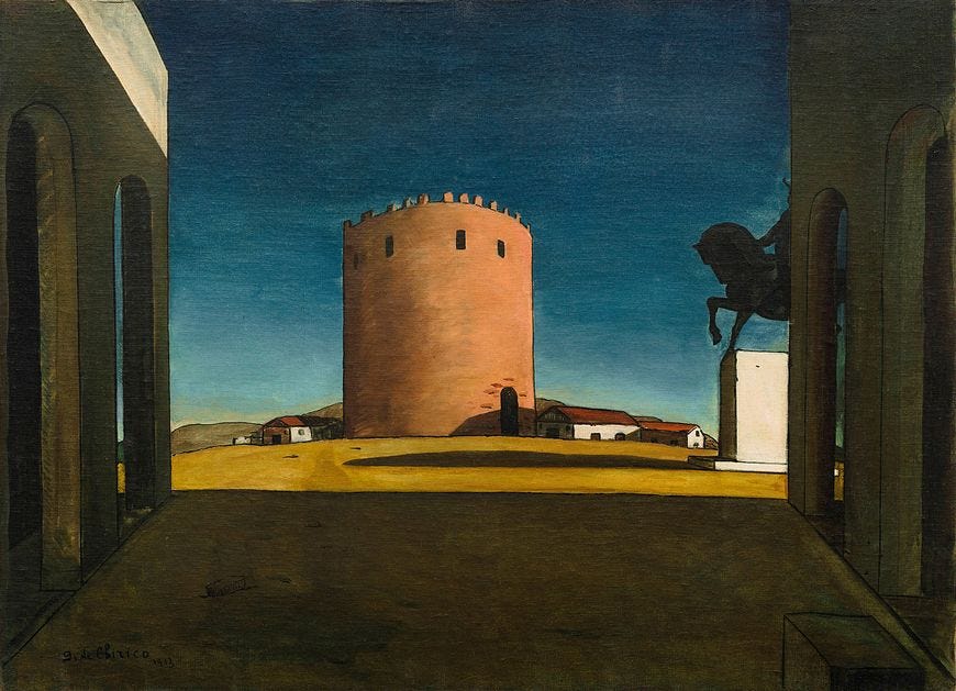 Giorgio de Chirico, The Red Tower, 1913. Oil on canvas, 28 15/16 x 39 5/8 inches (73.5 x 100.5 cm)