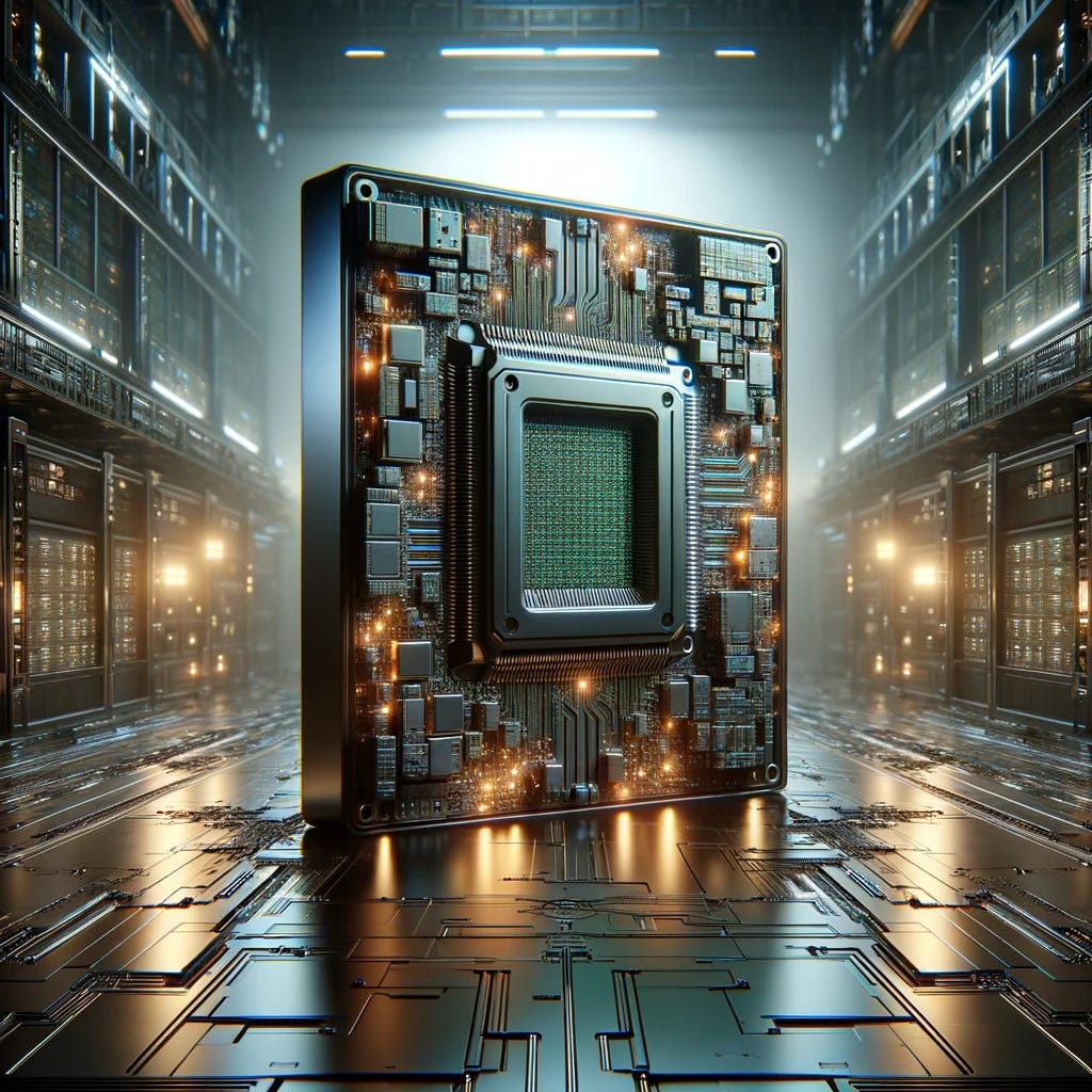 A massive, highly detailed computer chip, almost the size of a first-base bag, with intricate circuits and components visible. It's positioned as if it's a crucial tool for powering generative AI models, with a futuristic and powerful aesthetic. The setting is a high-tech laboratory or data center, with ambient lighting that highlights the chip's complexity and size.
