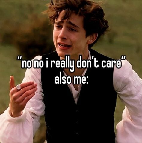 This may contain: a young man is holding his finger up with the words, no i really don't care also me