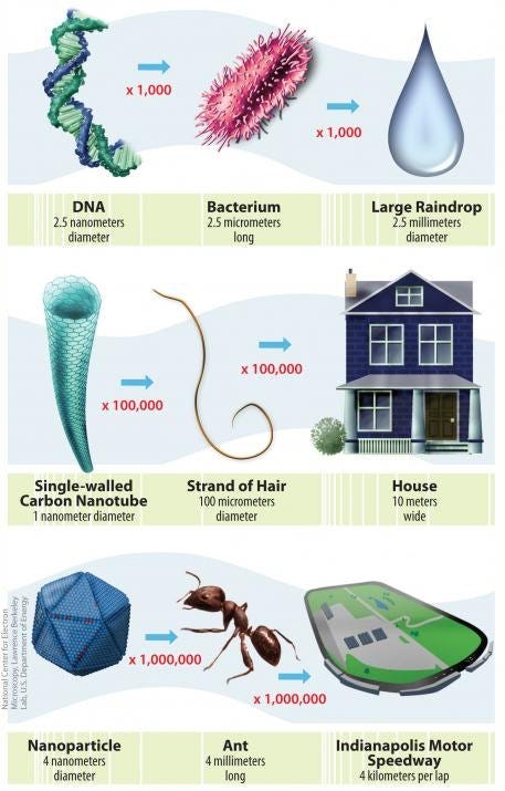 Illustration showing the scale of nanotechnology DNA->bacterium->raindrop Illustration showing the scale of nanotechnology DNA->bacterium->raindrop
