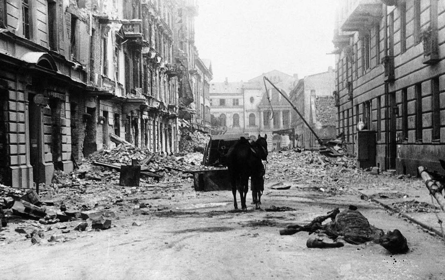 Devastation on Ordynacka Street in Warsaw, March 6, 1940, with debris and a dead horse. Warsaw endured constant bombardment during the 1939 invasion, including 1,150 sorties dropping 550 tons of bombs on September 25 alone. Devastation on Ordynacka Street in Warsaw, March 6, 1940, with debris and a dead horse. Warsaw endured constant bombardment during the 1939 invasion, including 1,150 sorties dropping 550 tons of bombs on September 25 alone.