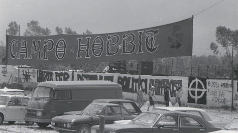 Four images in black and white and color of the Italian Hobbit Camp festival. At least five Celtic crosses are visible across three images. In another image from the festival, dozens of people sit arranged in a giant celtic cross.