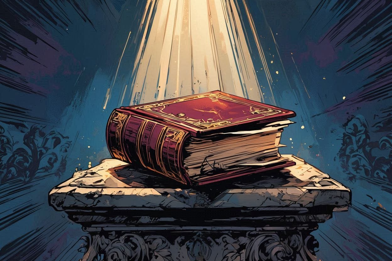 the Bible is on a pedestal, magnificent comic book art the Bible is on a pedestal, magnificent comic book art