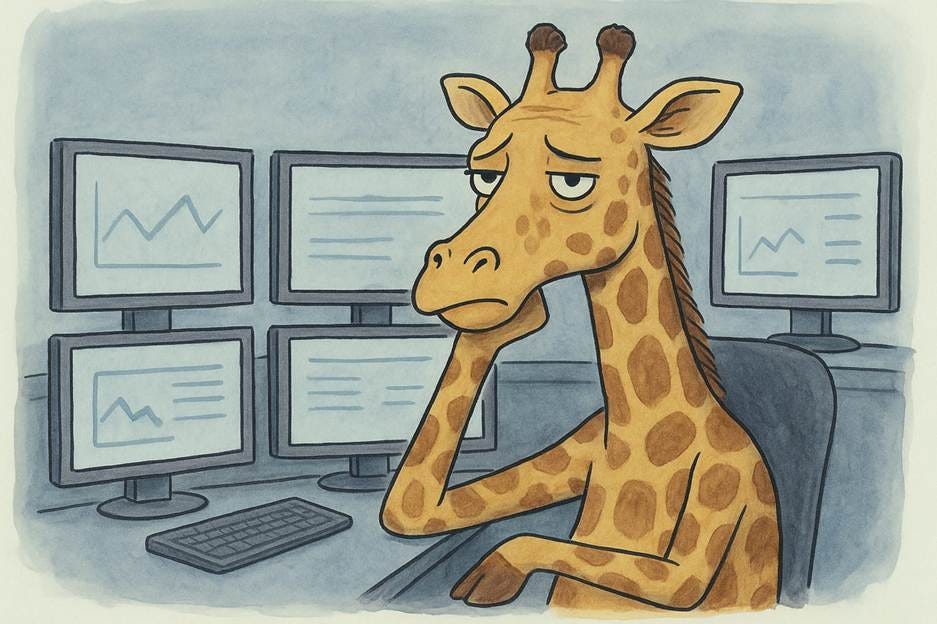 A giraffe sitting at a desk with computers

AI-generated content may be incorrect.