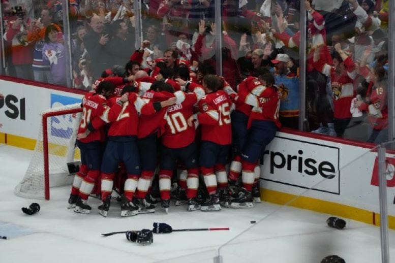 The Florida Panthers celebrating their first Stanley Cup championship in 2024.