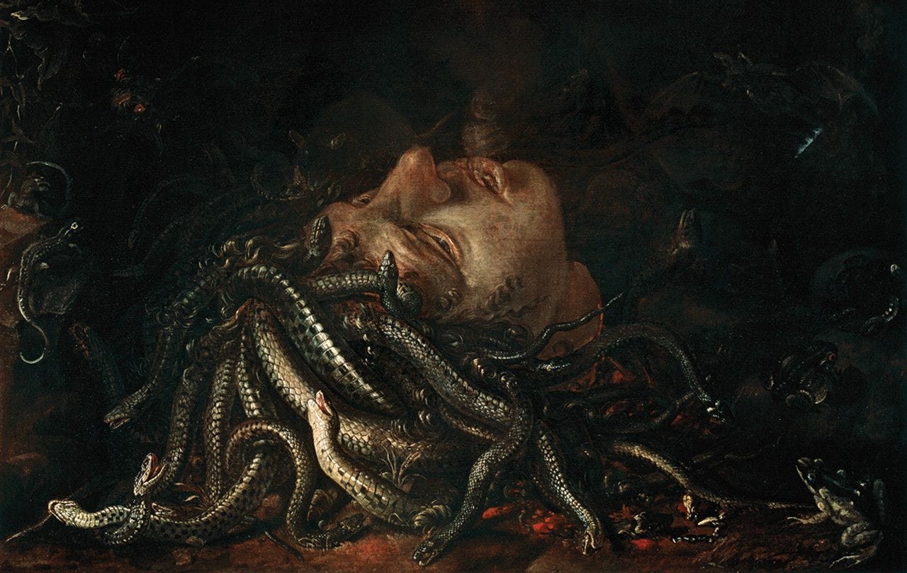 Oval painting of Medusa's severed head with snakes Oval painting of Medusa's severed head with snakes
