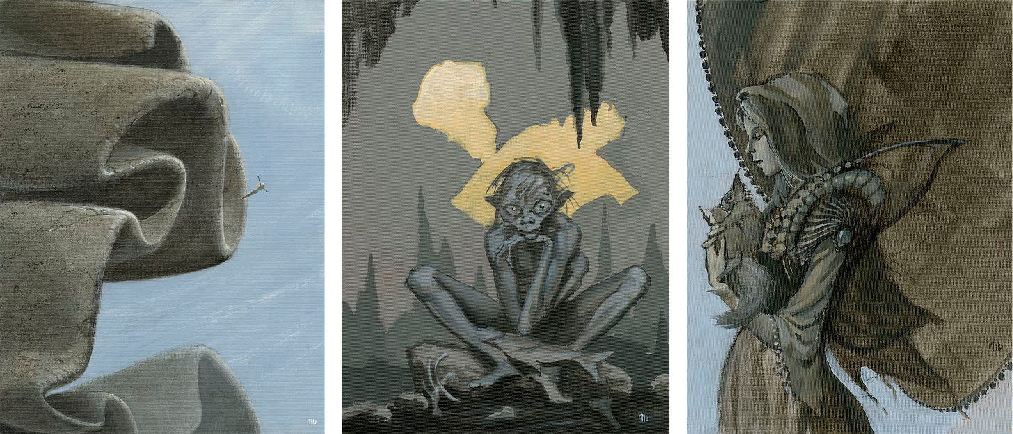 Three portrait oriented paintings. LEFT: A figure dives with arms spread from an abstract rock form set against blue sky. The sheet of rock meanders like a ribbon falling, folding in on itself. The surface is cement-like with weathered cracks at points. CENTER: Huge eyes and emaciated of frame, Gollum from the Lord of the Rings sits on a rock with his chin propped on the back of his hand. A small number of bones lie on the ground and his elbow rests on a long fish, but he seems oblivious to that as he stares directly at the audience. The monochrome of the painting is broken by a splash of warm yellow behind him, suggesting a light source shining through the cave in the distance. The edge of dark stalactites descend at the top edge of the panel, while lighter stalagmites rise hazier in the distance. RIGHT: A hooded woman with long hair and dress featuring ornate flared shoulders holds a small squirrel-like alien creature. Her eyes are shut in a serene expression, but the creatures eyes are open reading from a tiny book. The background is a contrast of blue intruded by a roundish brown bordered with a frill of tiny dots.