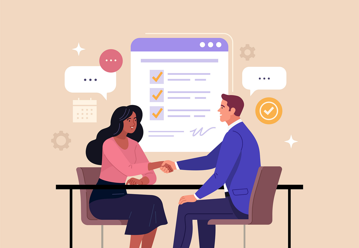 Illustration of two co-workers shaking hands at a conference table
