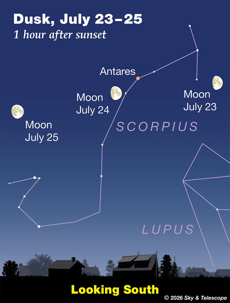 Waxing gibbous Moon passing Antares and Scorpius, July 23-25, 2026