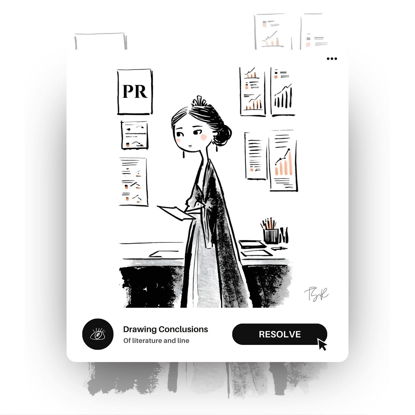 A digital pop-up window layered over a ghosted background. Inside, Lady Macbeth stands in a modern office, reviewing papers. She’s wearing a regal robe and a crown. The wall behind her features various data charts and a prominent sign that reads "PR." A high-contrast button at the bottom reads "RESOLVE."