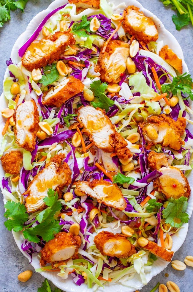 Crunchy Peanut Salad with Chicken — Crispy fried chicken with crunchy cabbage, carrots, peanuts, cilantro and the EASIEST and BEST homemade peanut sauce that coats every bite!! A salad that you'll CRAVE over and over!! 