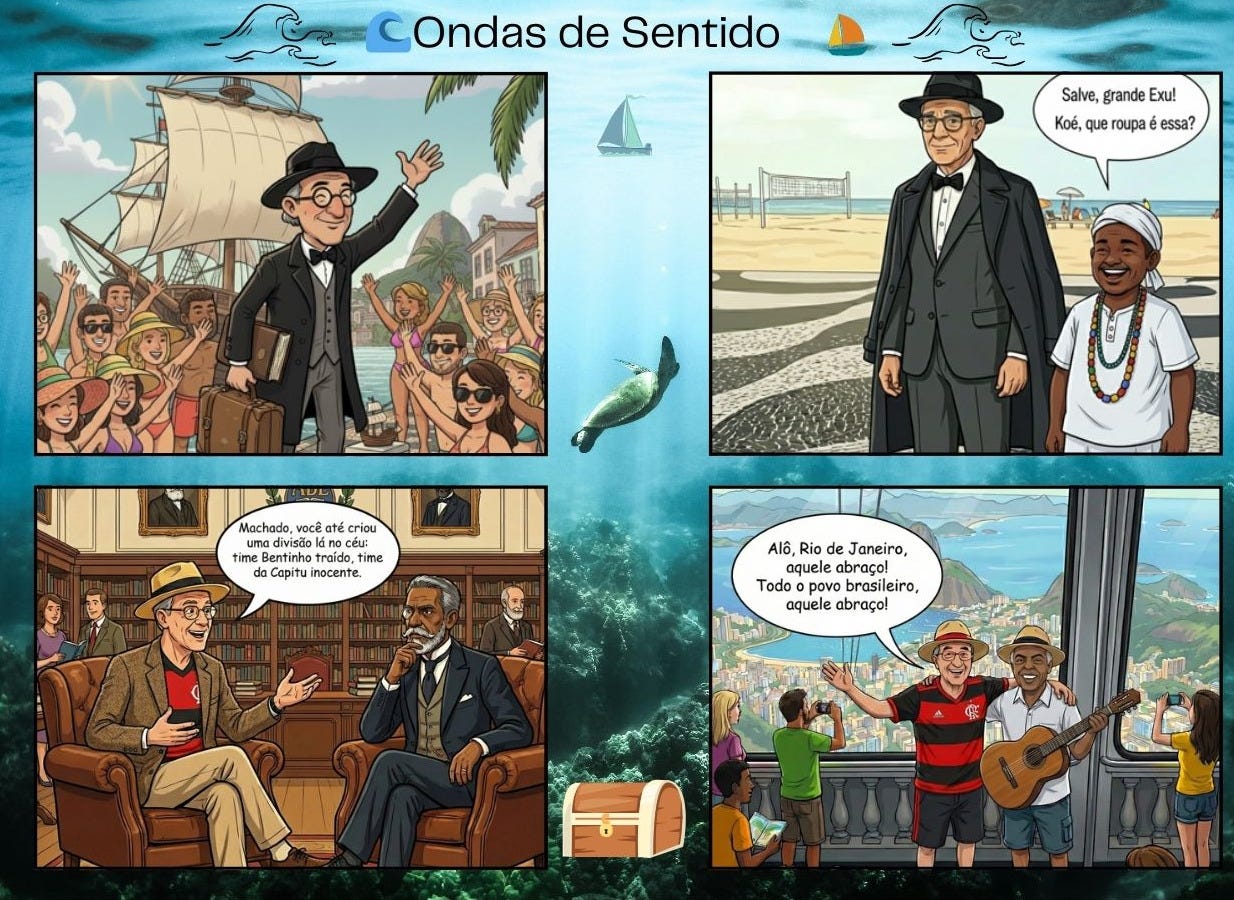 Fernando Pessoa: de Lisboa ao Rio de Janeiro. É confundido com Exu e conversa com Machado de Assis. Vai ao Cristo; Zeca ensina-lhe o samba como um guia xamânico. Assiste ao Flamengo no Maracanã e prova o mel brasileiro, Mumuzinho. Dança, samba e ri.