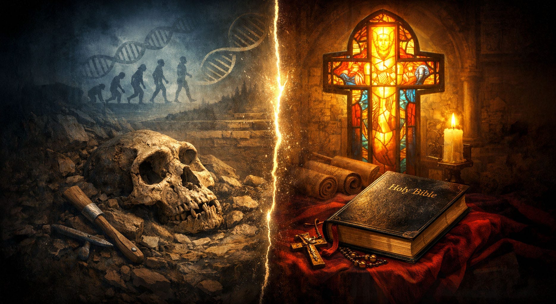Split digital illustration: on the left, a fossilized skull with DNA and evolution silhouettes; on the right, a glowing stained-glass cross above a Bible, candle, and rosary. A bright line divides science and religion.