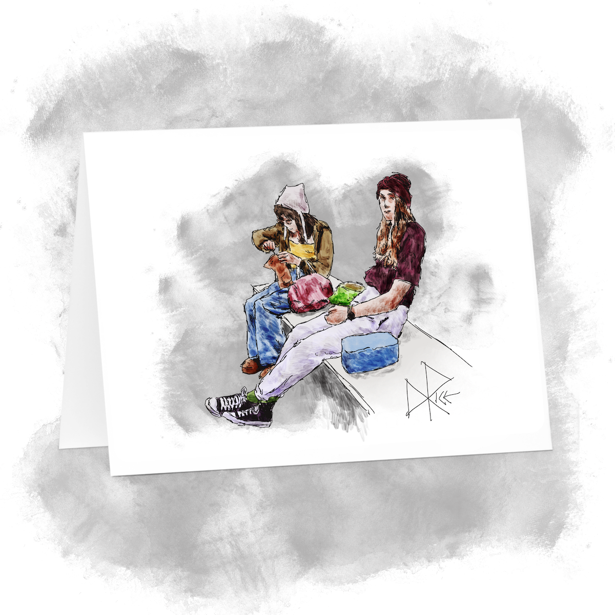 Both wearing toques, two teens eat their lunch while seated on a bench. Sketch art by Don Rice.